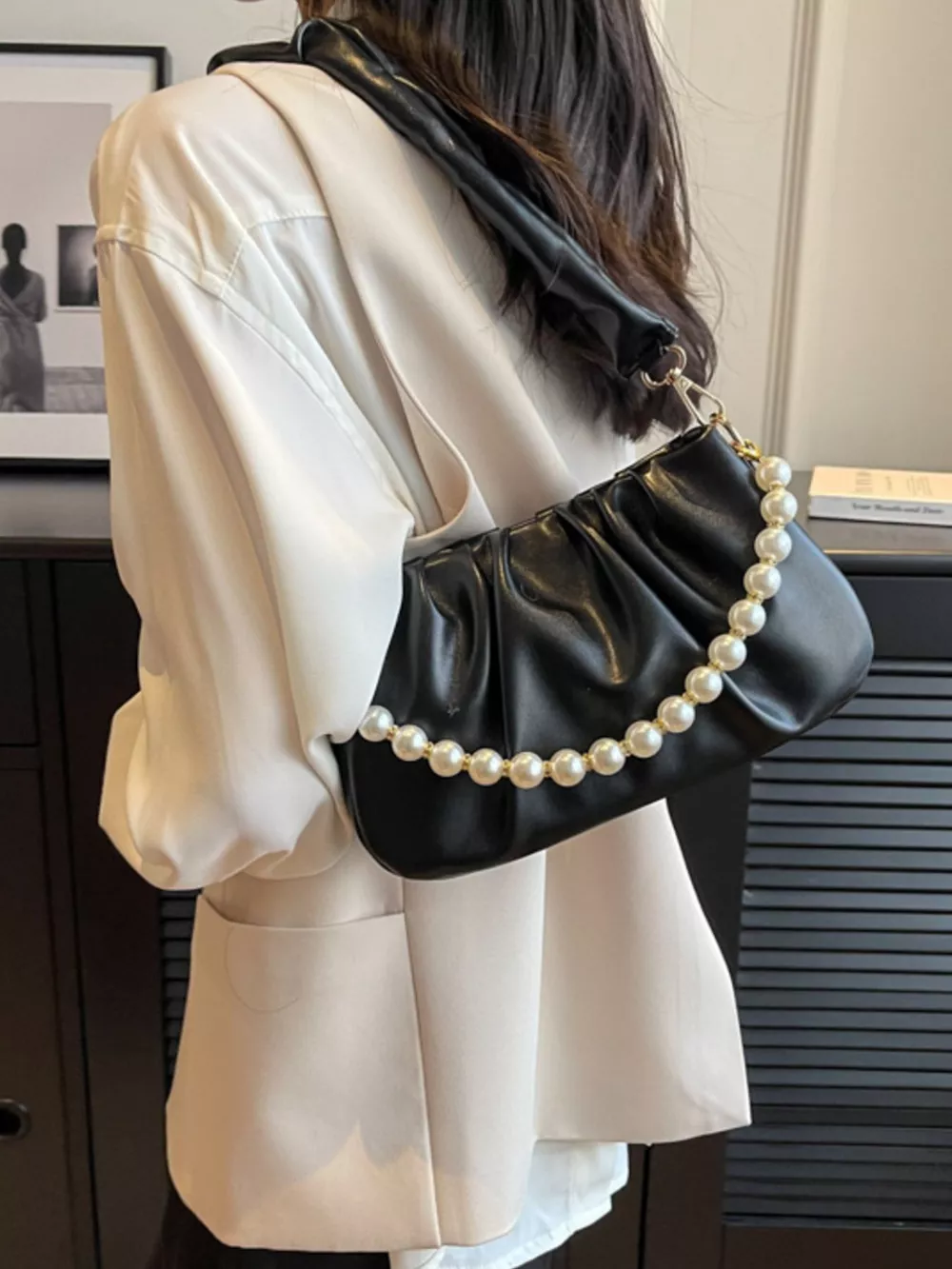 Ruched Shoulder Bag with Pearl Embellishment, image 2