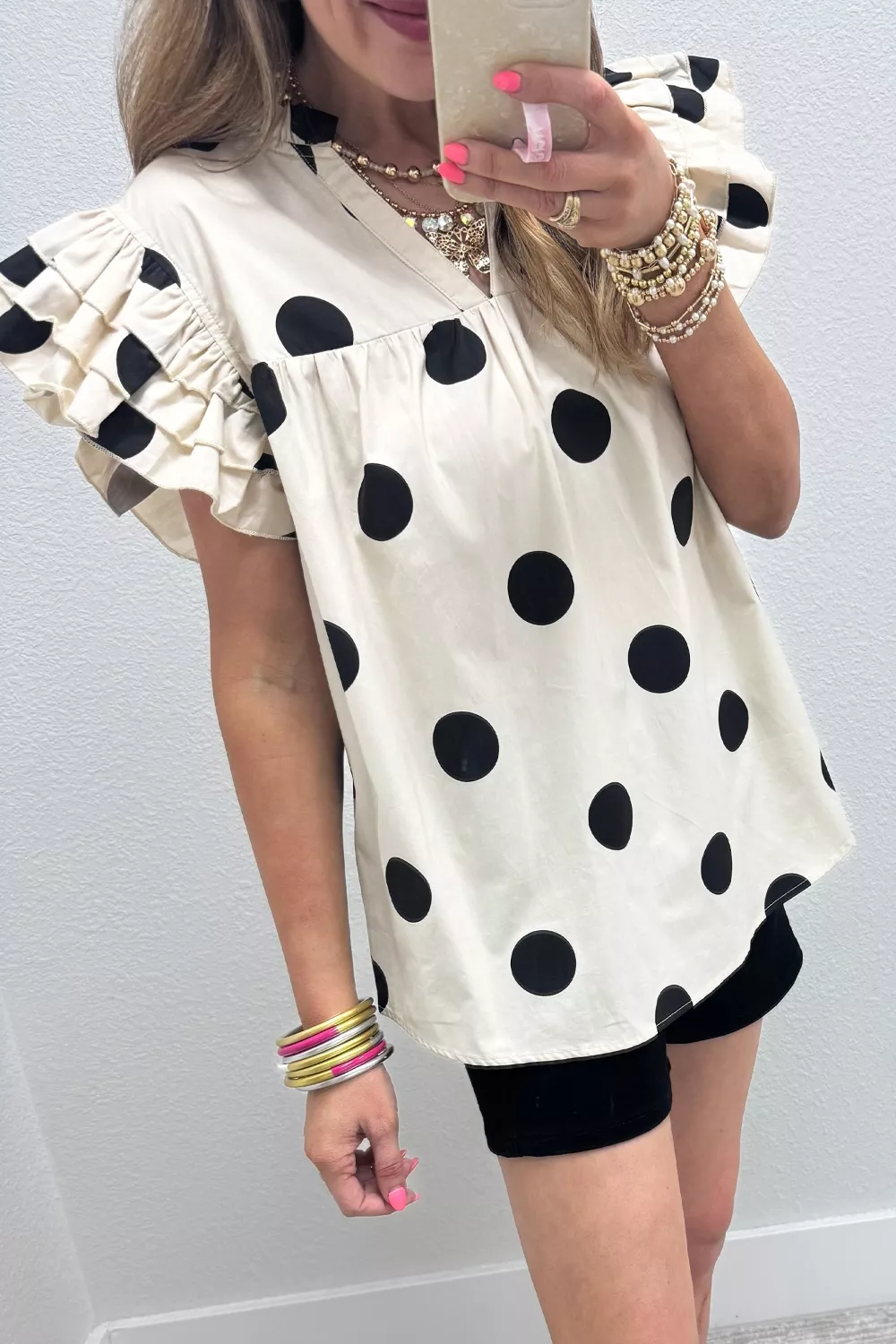 Casual Polka Dot V-Neck Ruffle Short Sleeve Blouse, image 4