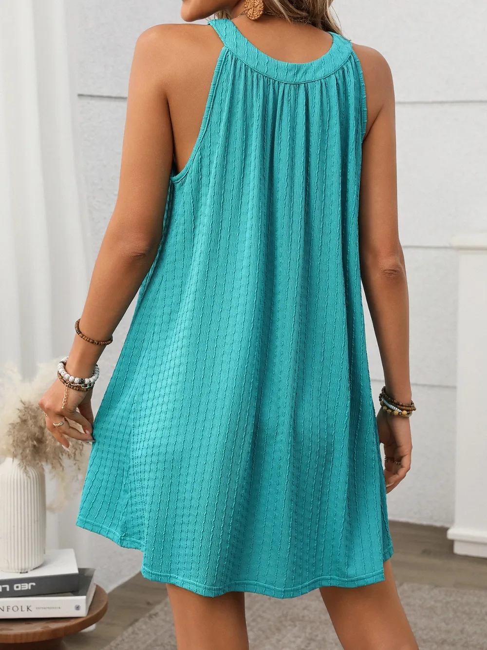 Textured Grecian Neck Mini Dress, image 13