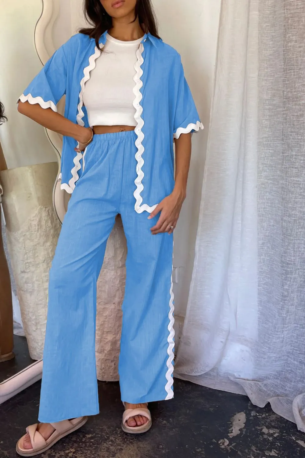 Contrast Trim Half Sleeve Top and Pants Set, image 3
