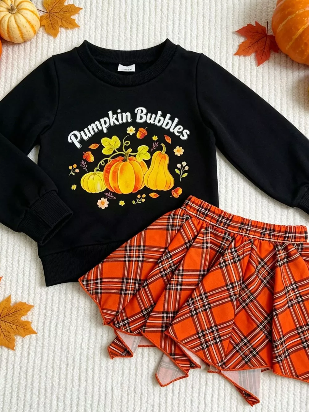 Children's Pumpkin Bubbles Graphic Top and Skirt Outfit Set, image 2