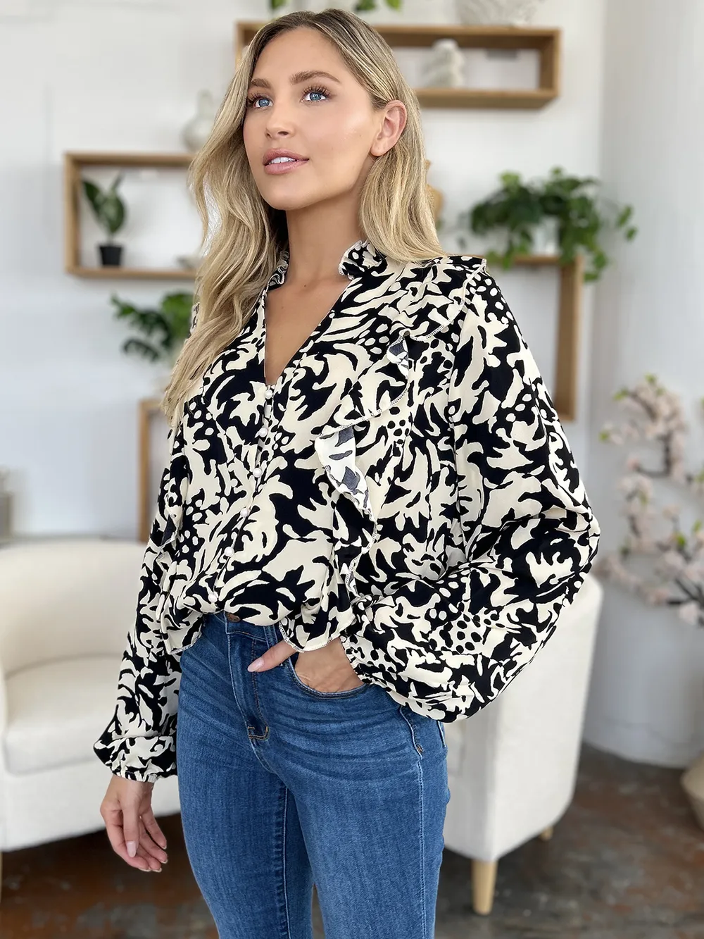 Full Size Printed Ruffle Trim Balloon Sleeve Shirt, image 11