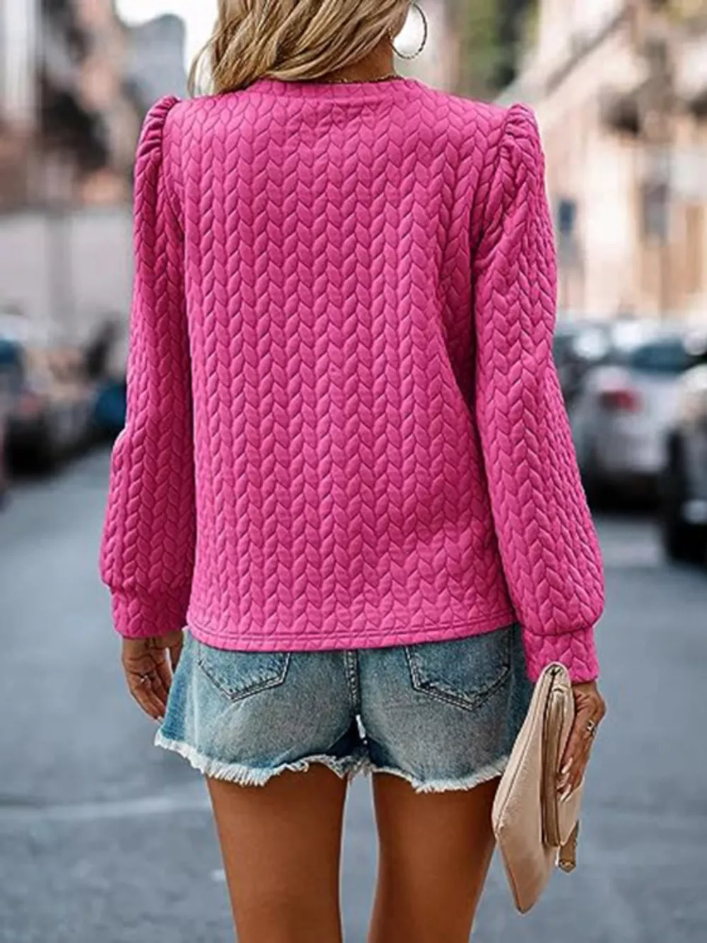 Textured Round Neck Long Sleeve Blouse, image 6