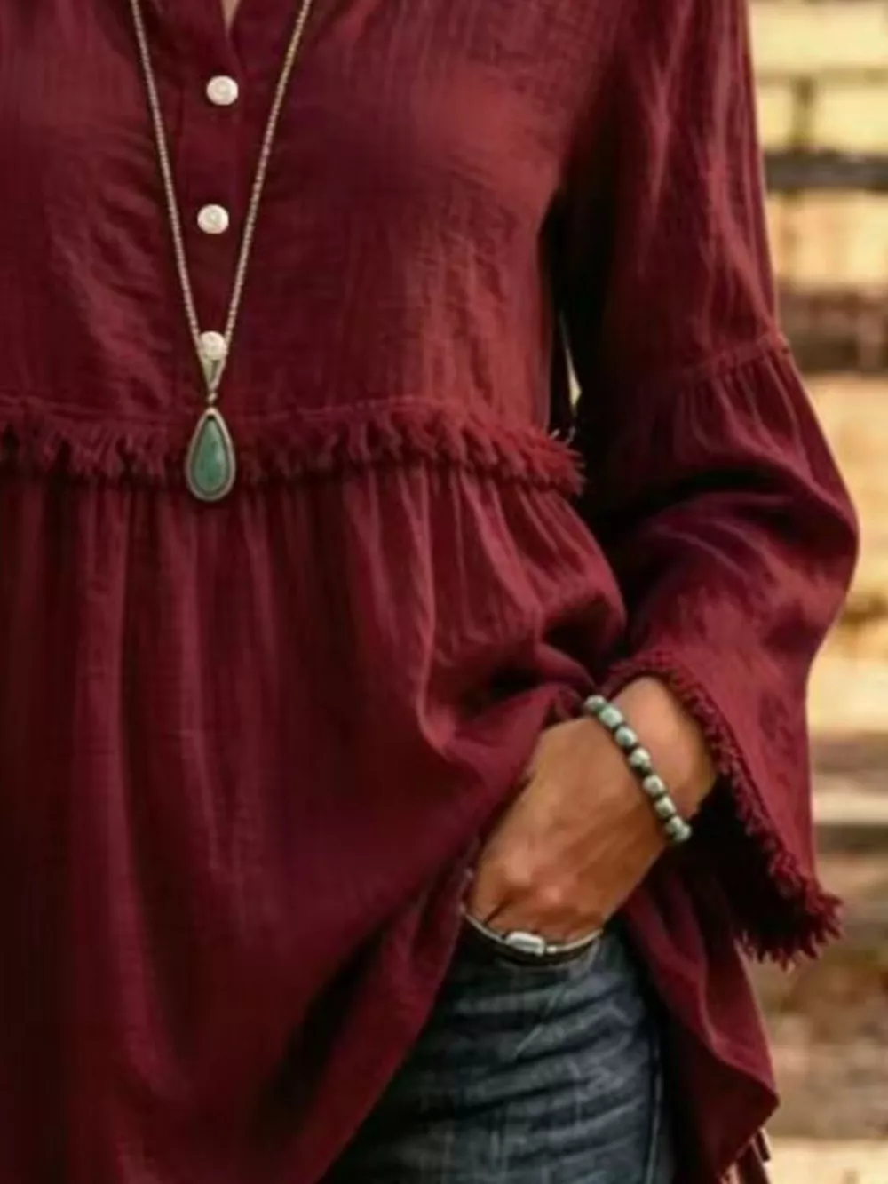 Full Size Fringed Button Detail Blouse Plus Size, image 14