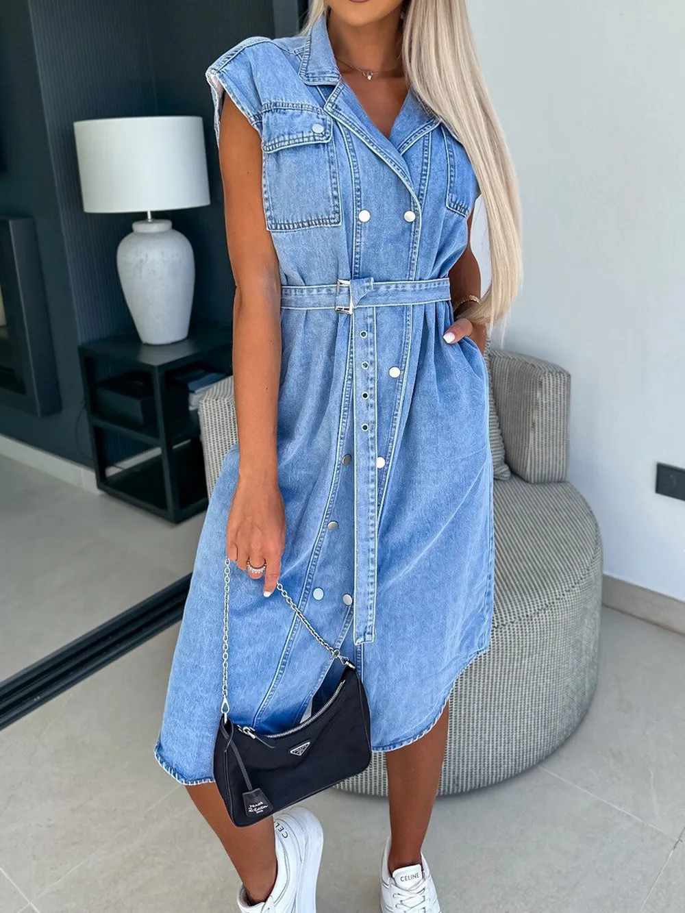 Collared Neck Cap Sleeve Denim Dress, image 7