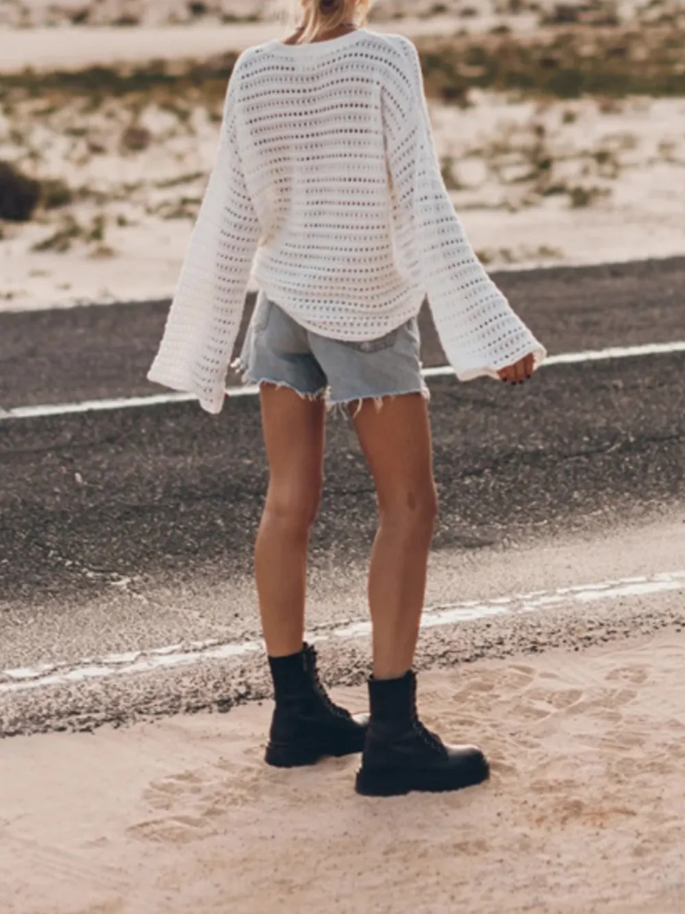 Openwork Round Neck Dropped Shoulder Knit Top, image 2