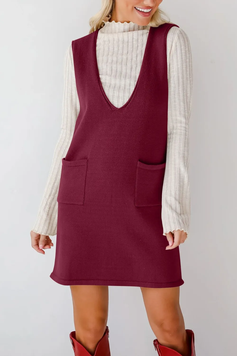 Pocketed V-Neck Mini Sweater Overall Dress, image 2
