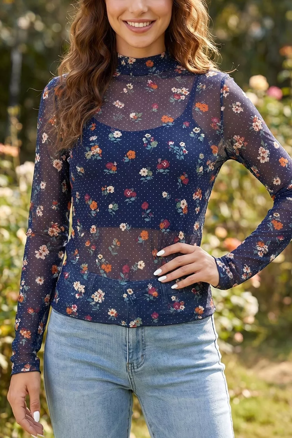 Polka Dot Floral Mesh Long Sleeve High Neck Pullover Sheath Top, image 3