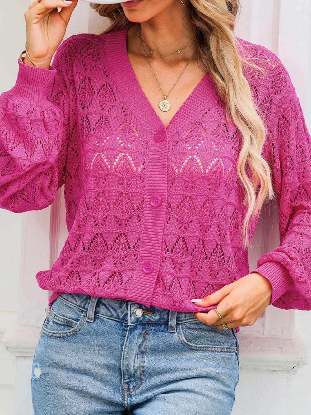 Buttoned Front Openwork Cardigan, image 6