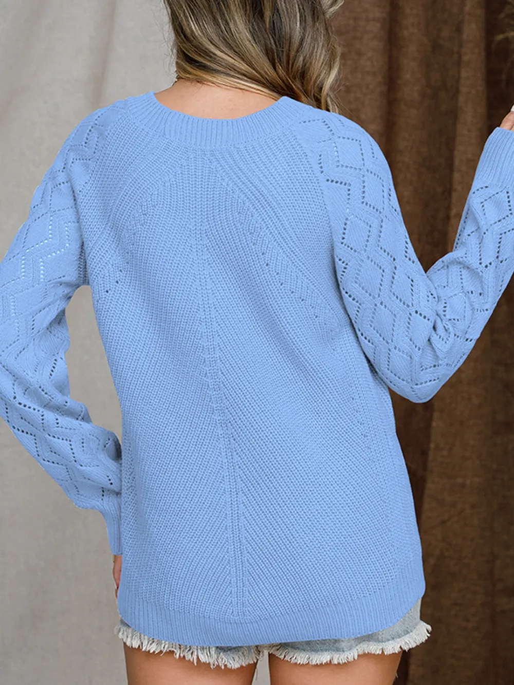 Openwork Round Neck Raglan Sleeve Sweater, image 27