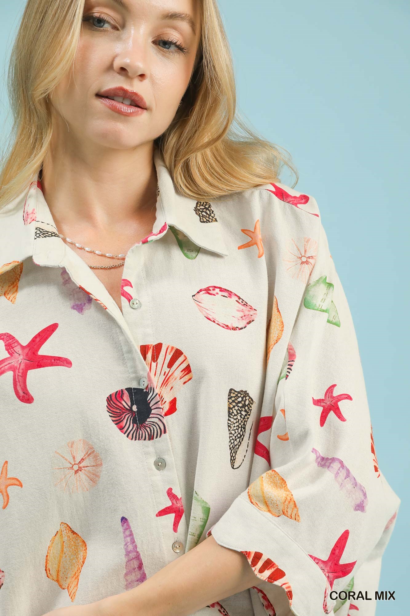 Seashell & Starfish Print Button-Down Top, image 3