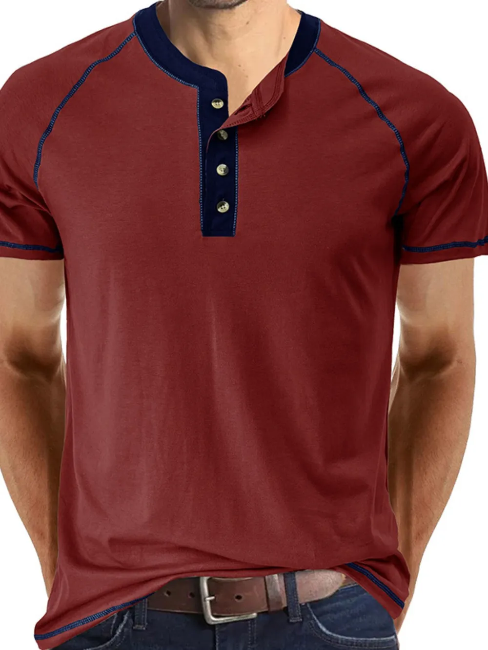 Men's Contrast Trim Henley Polo Shirt, image 10