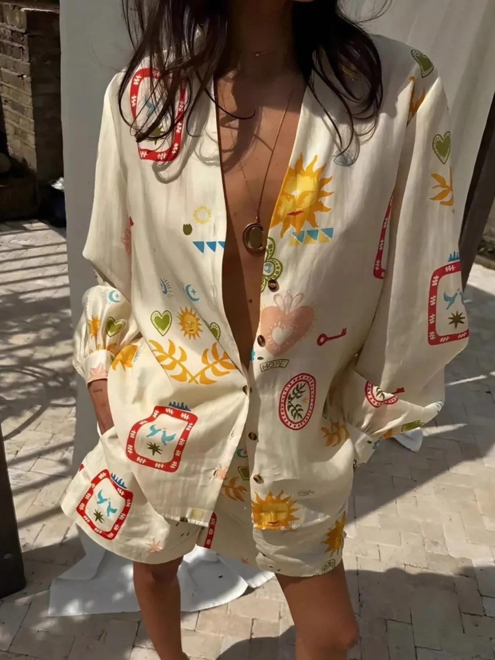Button Up Long Sleeve Shirt and Shorts Set, image 2