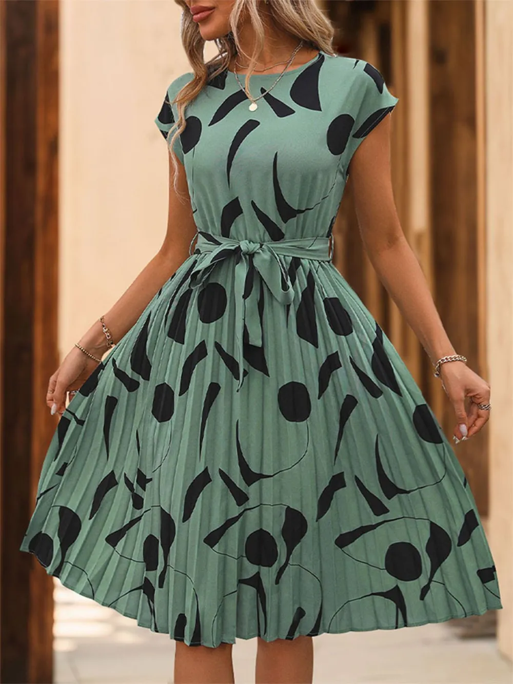 Tied Pleated Printed Cap Sleeve Dress, image 12