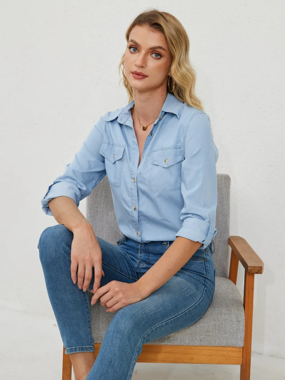 Pocketed Button Up Long Sleeve Denim Shirt, image 6