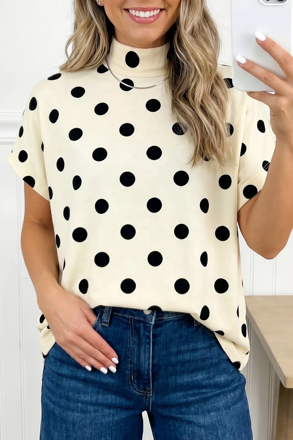 Polka Dot Mock Neck Short Sleeve Blouse, image 4