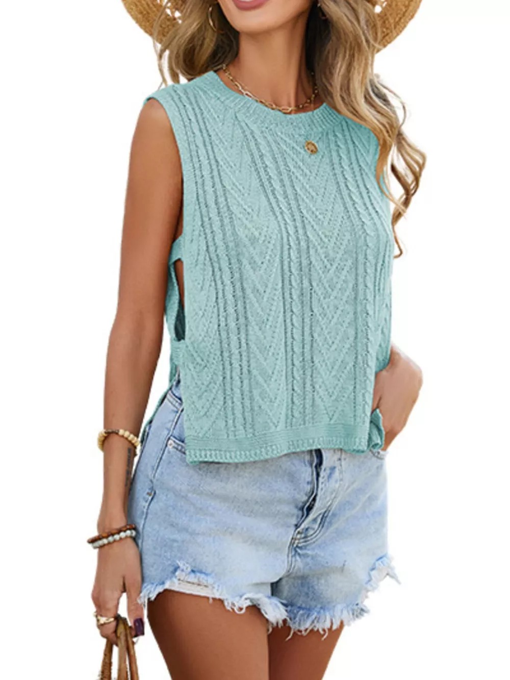 Cable Knit Round Neck Sweater Vest, image 5