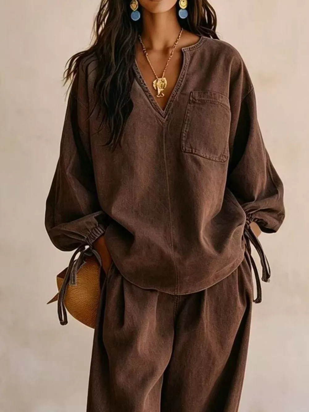 Relaxed Fit Drawstring Sleeve Detail Top and Pants Denim Set, image 11
