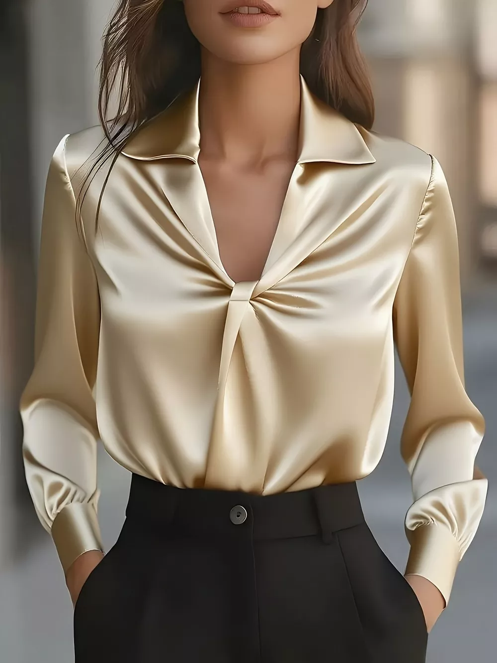 Ruched Collared Neck Long Sleeve Blouse, image 7