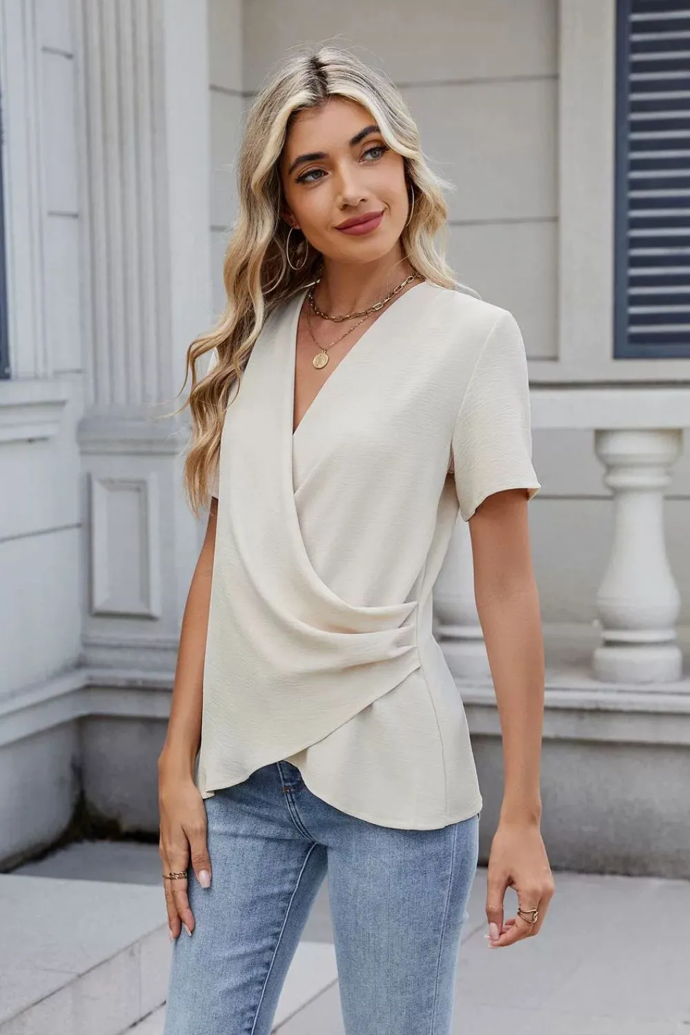 Solid Color Surplice Short Sleeve Blouse, image 4