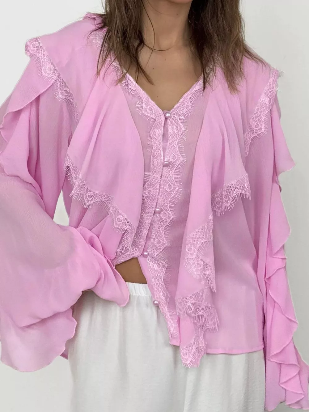 V-Neck Ruffled Lace Trim Blouse, image 10