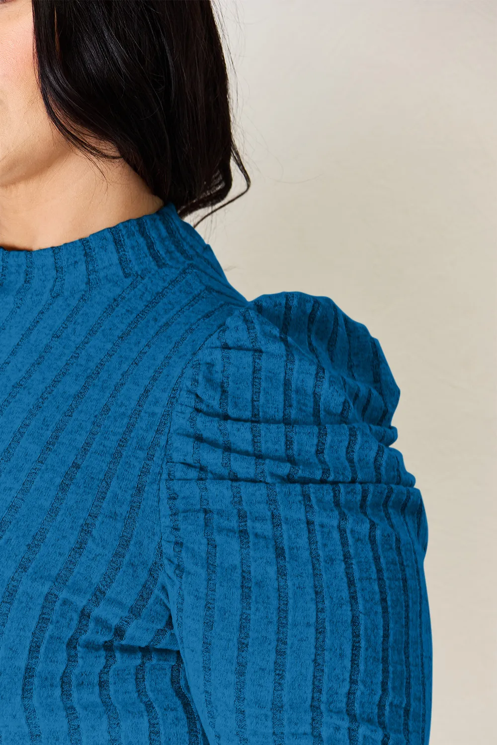 Full Size Ribbed Mock Neck Puff Sleeve T-Shirt, image 15