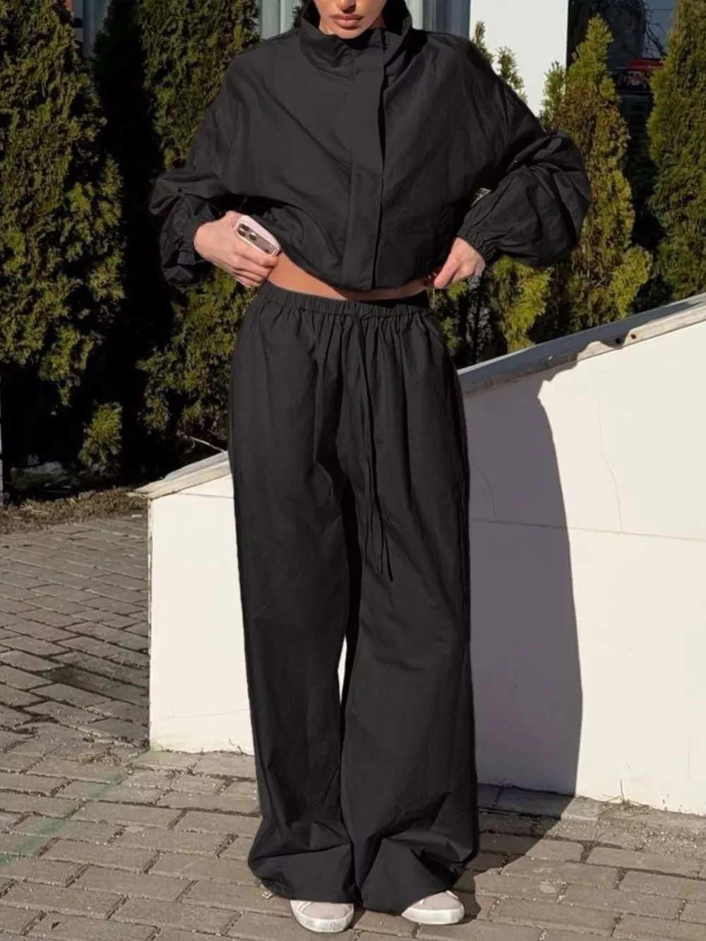Drawstring Hem Crop Jacket and Wide-Leg Pant Set