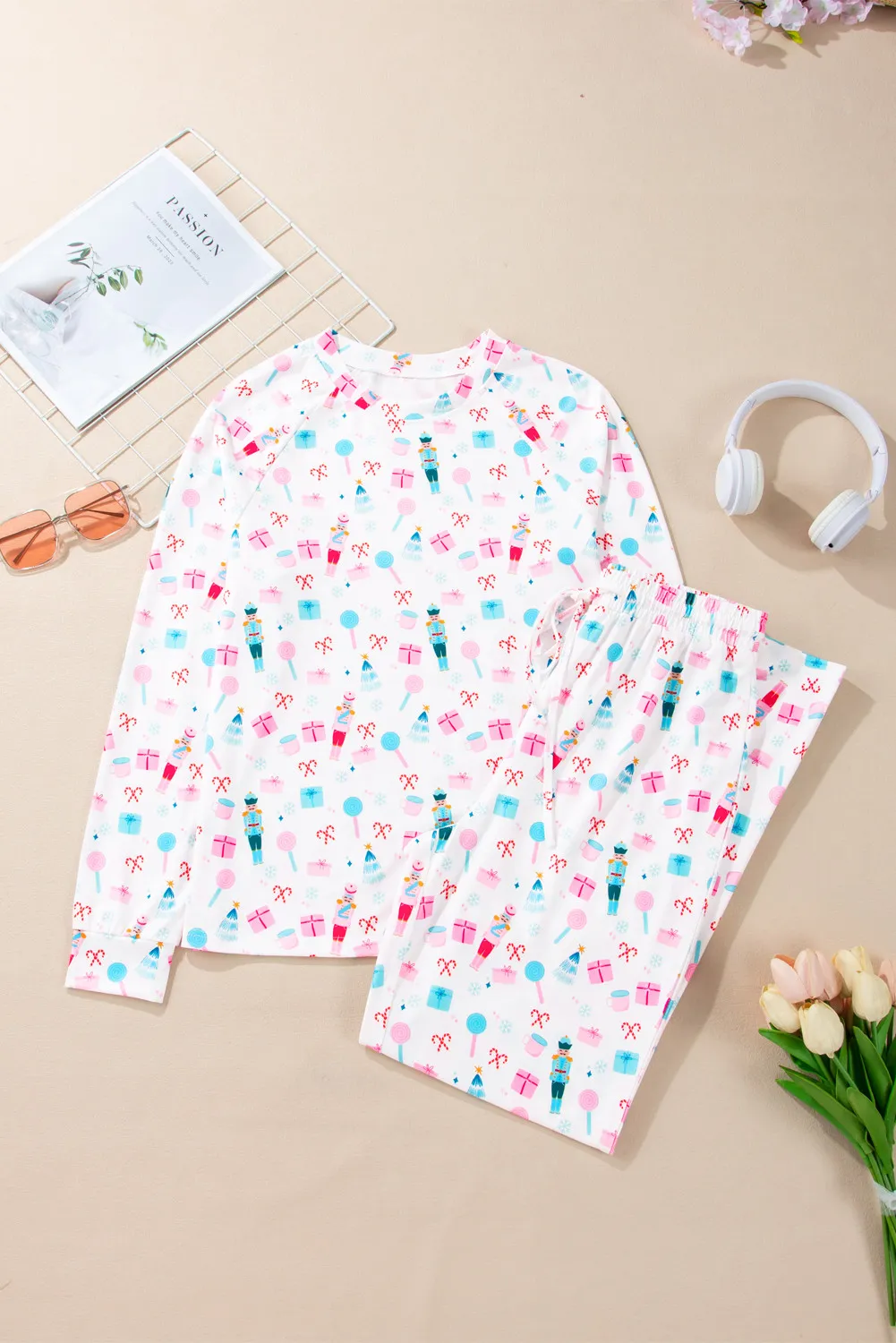 Printed Round Neck Long Sleeve Top and Pants Lounge Set, image 3