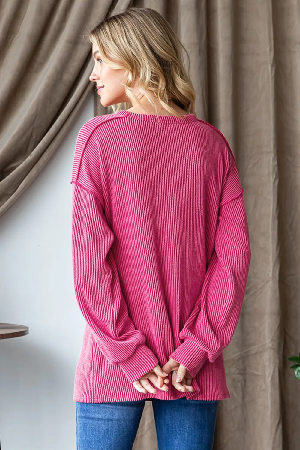 Ribbed Exposed Seam Long Sleeve T-Shirt, image 2