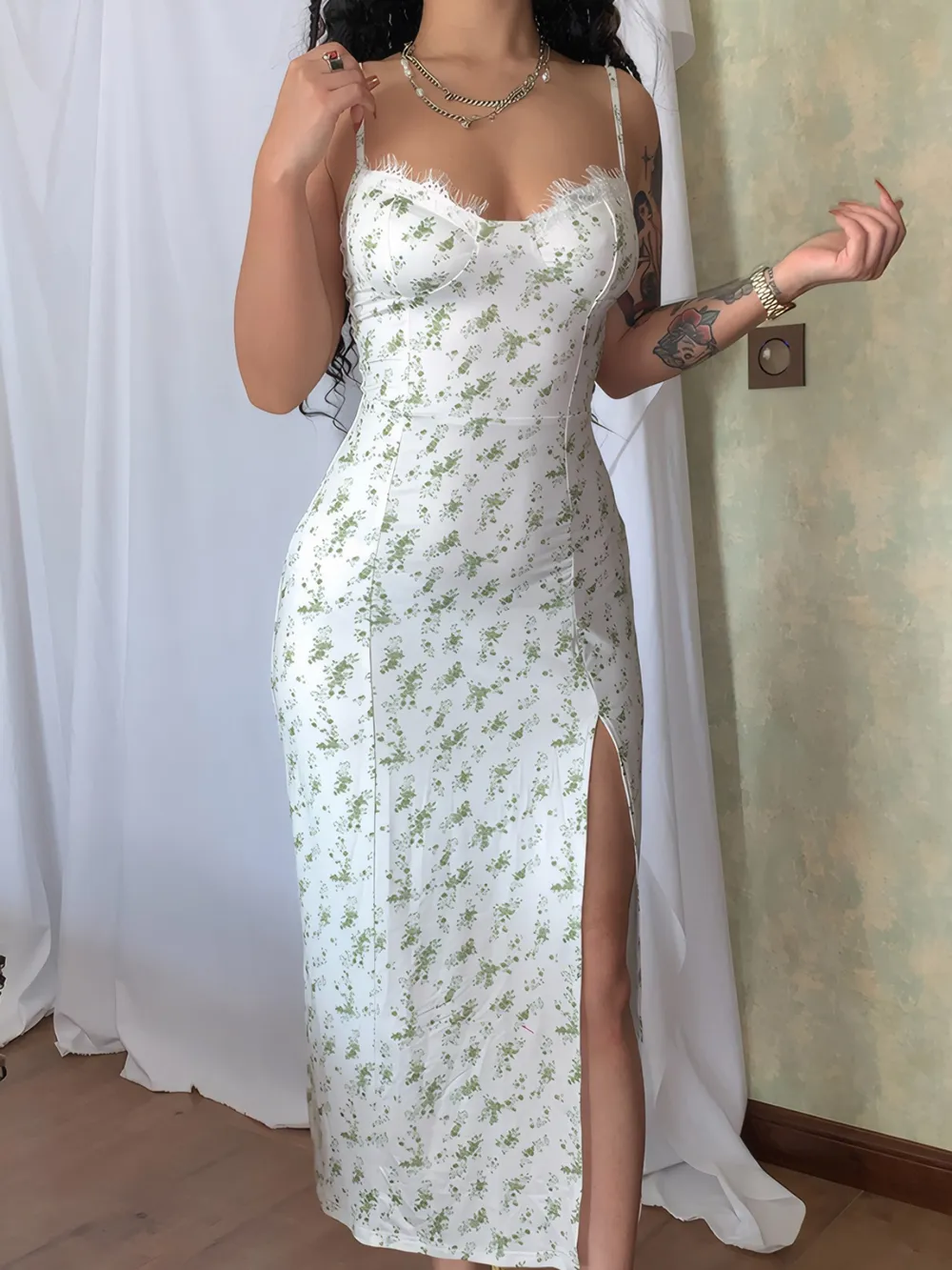 Split Printed Sweetheart Neck Cami Dress
