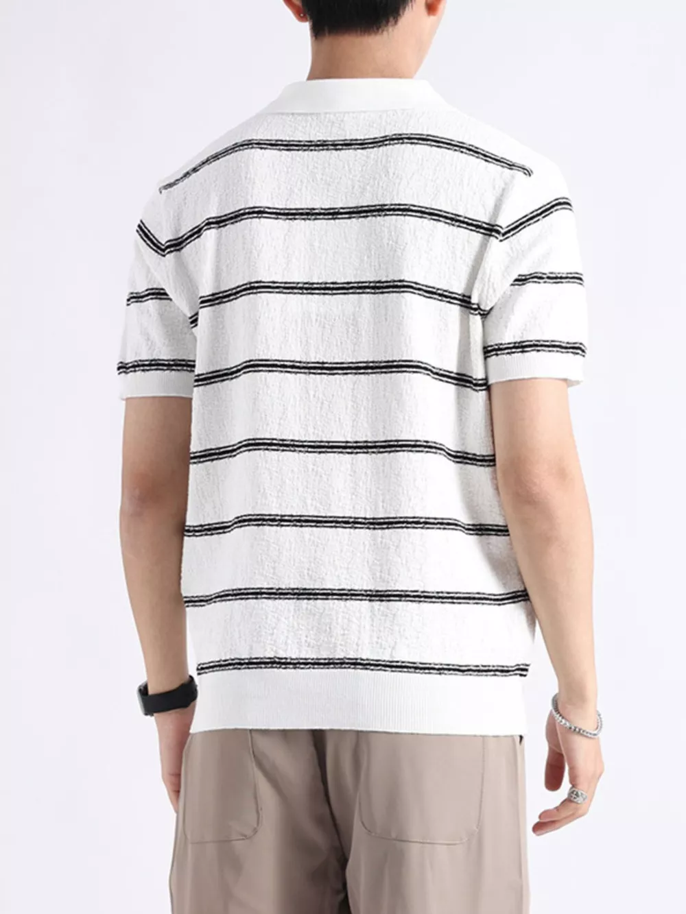 Men's Plus Size Striped Knit Button Detail Polo, image 13