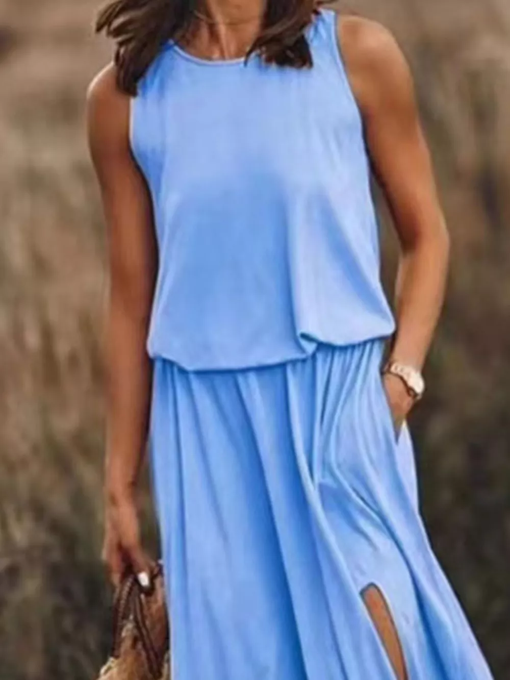 Full Size Round Neck Sleeveless Slit Maxi Dress Plus Size, image 5