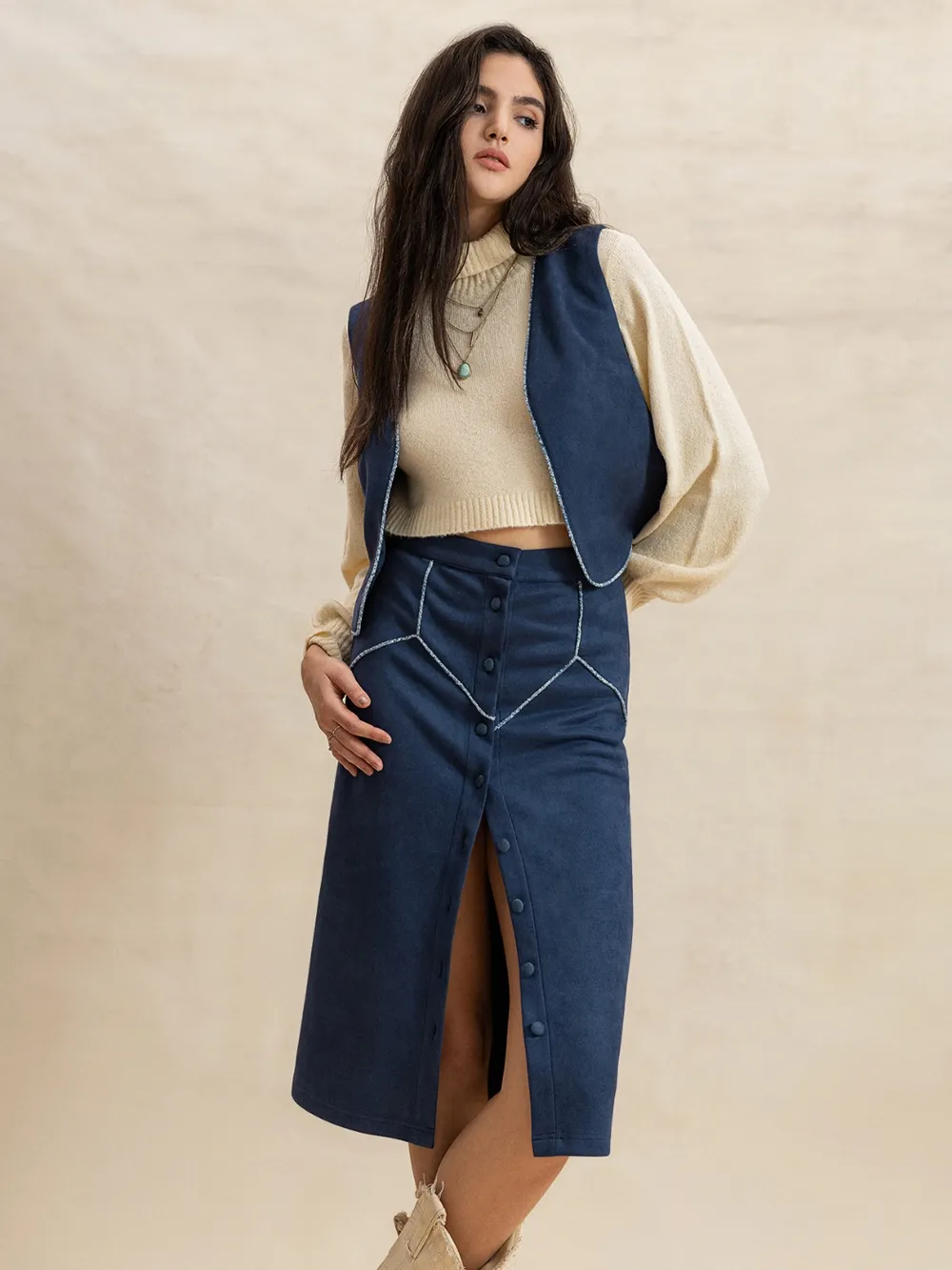 Open Front Vest and Buttoned Skirt Set, image 5