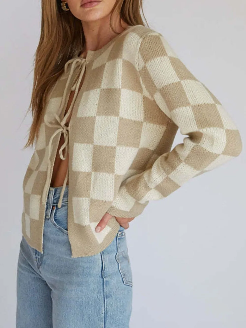 Checkered Tie-Front Cropped Cardigan, image 8