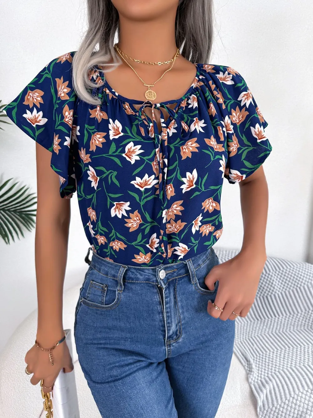 Floral Tie Neck Flutter Sleeve Blouse, image 10