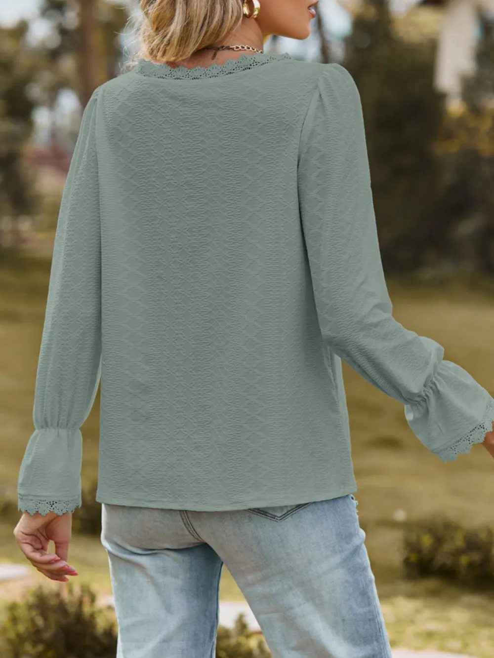 Lace Trim V-Neck Blouse with Flounce Sleeves, image 12