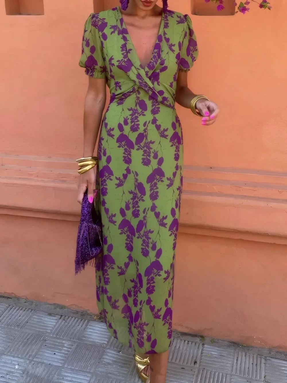 Printed Plunge Short Sleeve Midi Dress, image 2