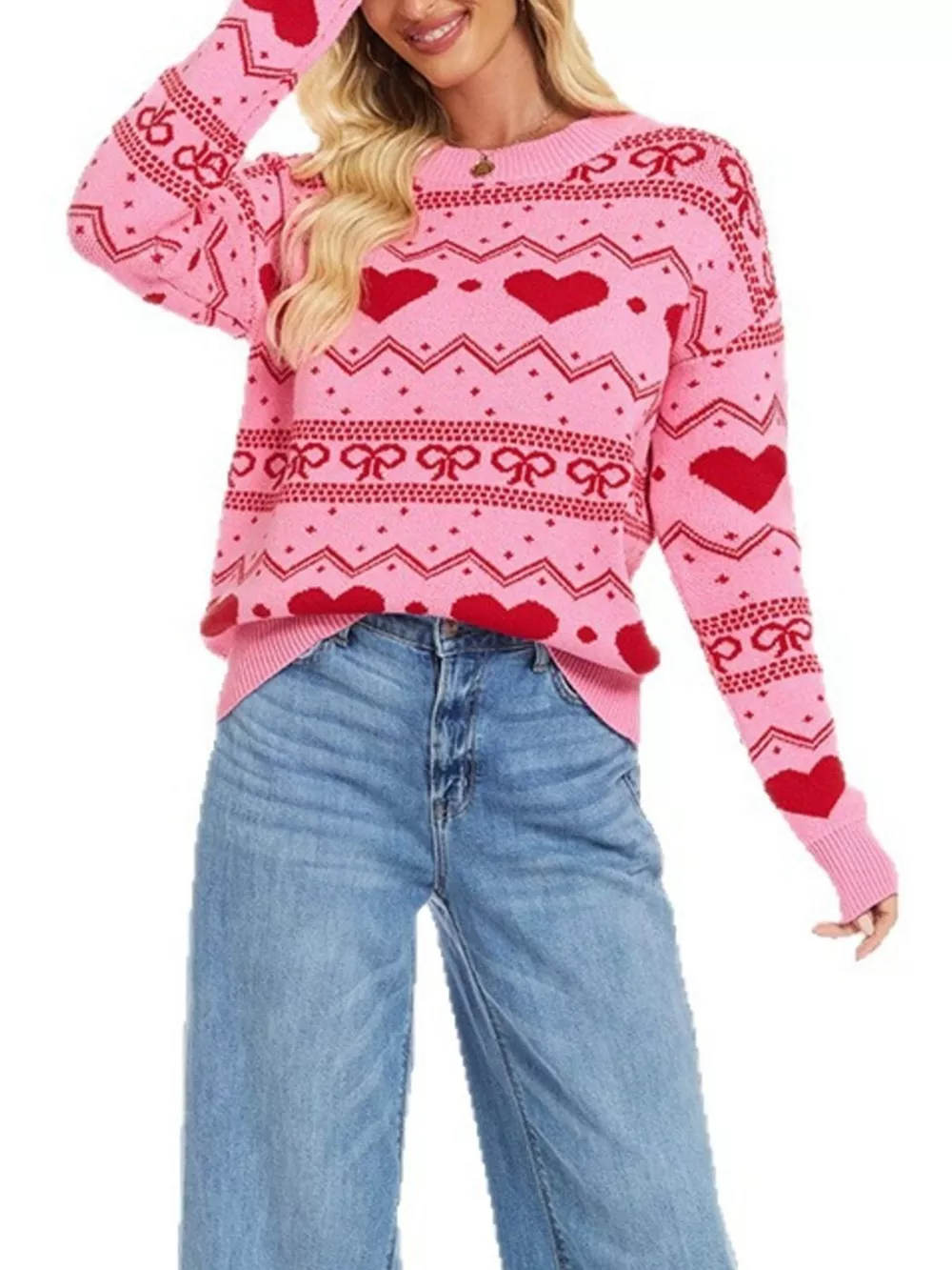 Heart Pattern Dropped Shoulder Sweater, image 5