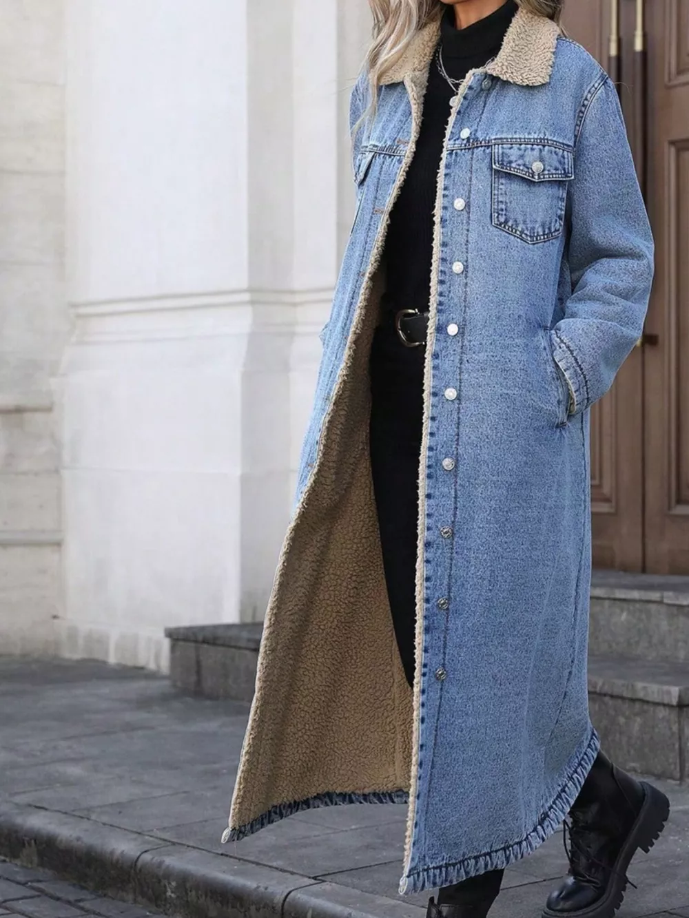 Sherpa Lined Longline Denim Jacket, image 10