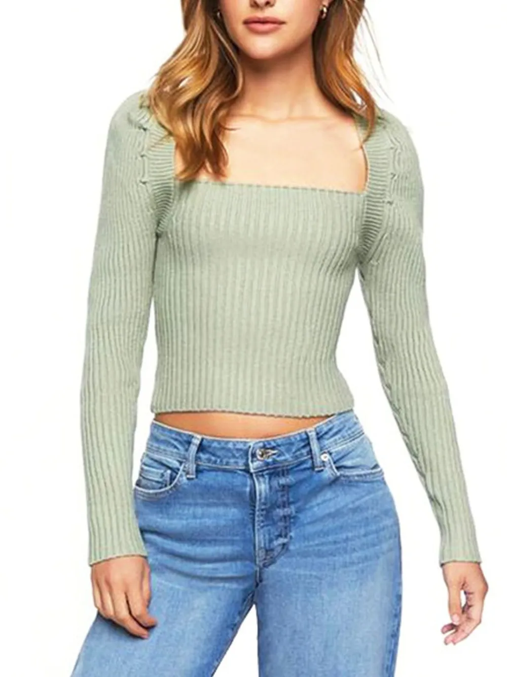 Ribbed Square Neck Long Sleeve Sweater, image 13