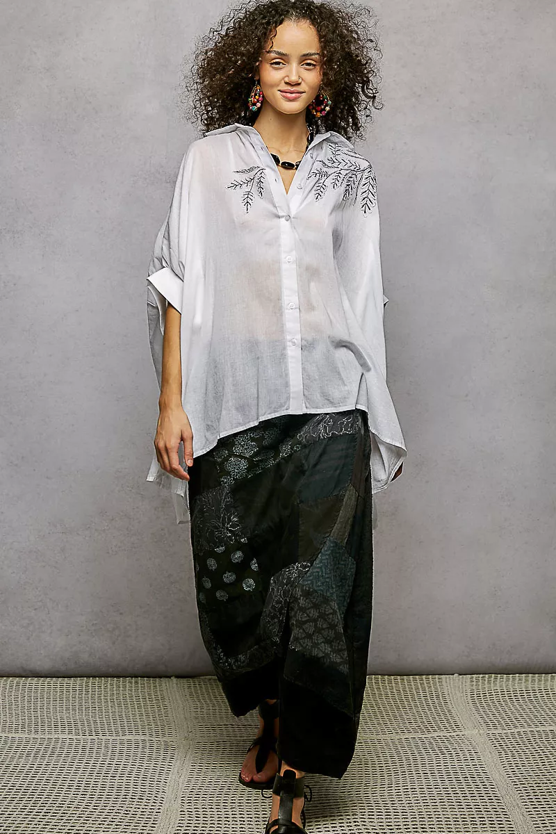 Button Down Embroidered Floral High-Low Hem Shirt, image 8