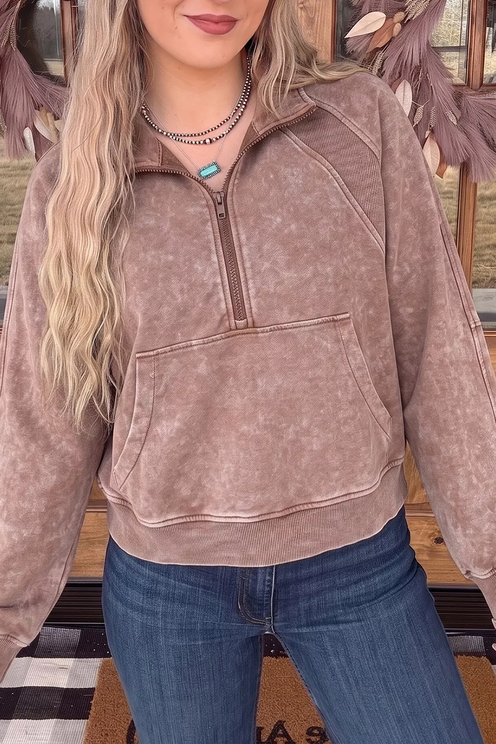 Vintage Half-Zip Long Sleeve Ribbed Cuffs Hem Shift Silhouette Sweatshirt, image 3