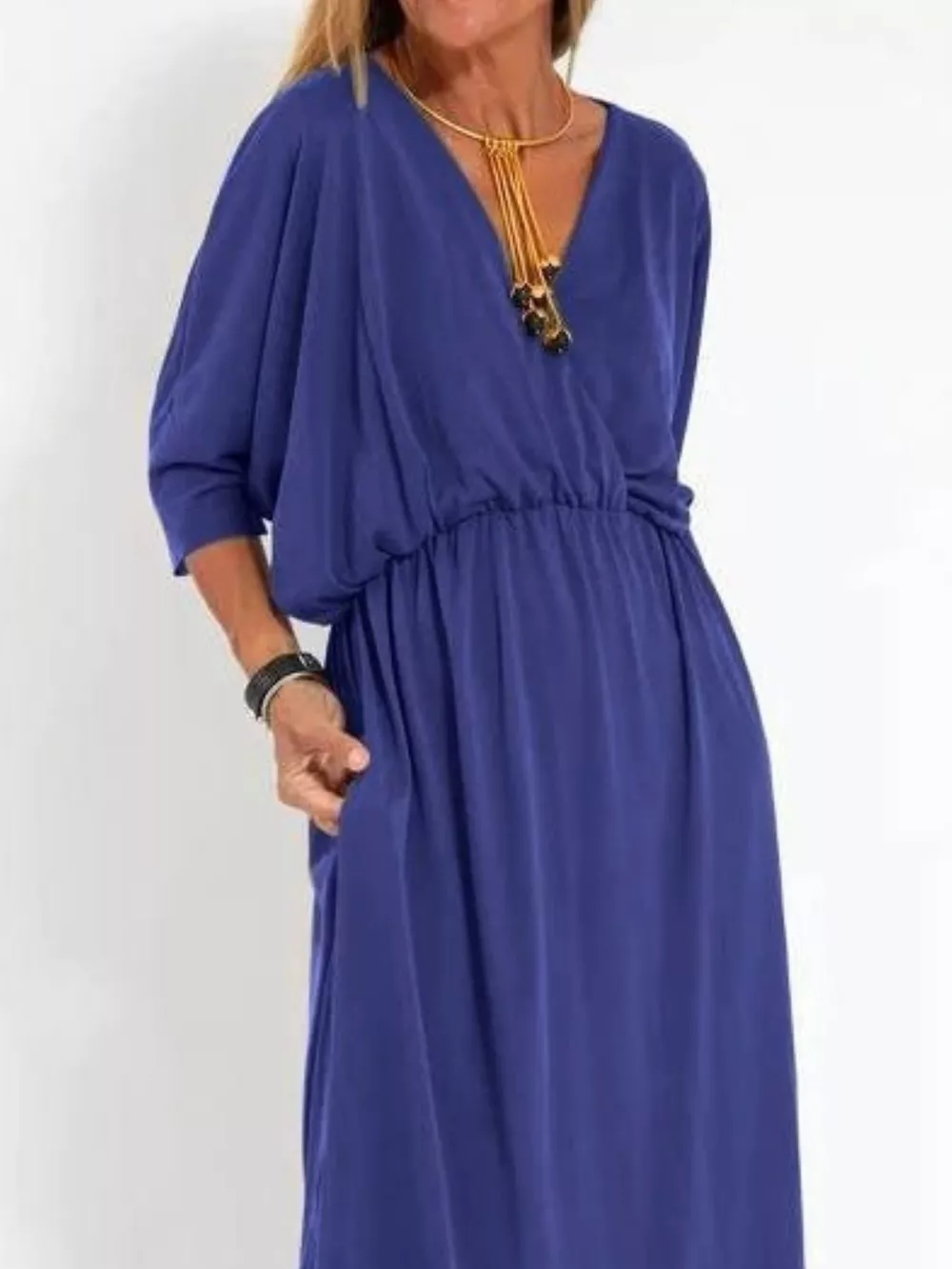 Full Size V-Neck Batwing Sleeve Maxi Dress with Side Slits Plus Size, image 5