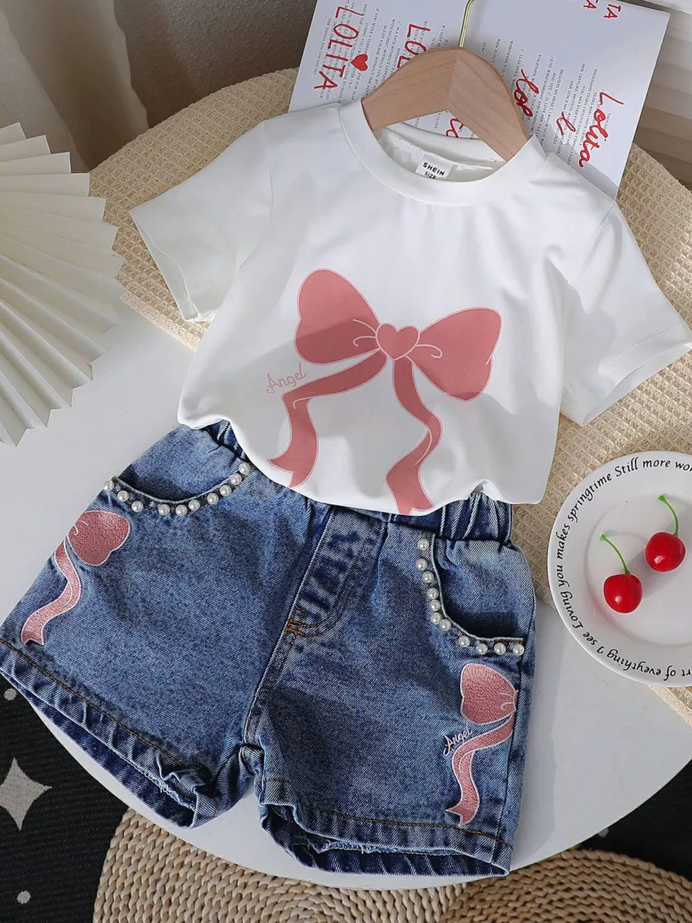 Children's Bowknot T-shirt and Denim Shorts Set, image 3