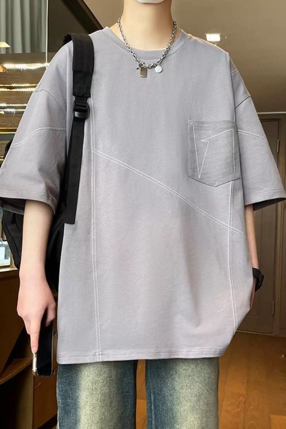 Men's Plus Size Contrast Stitching Oversized Round Neck T-Shirt, image 3