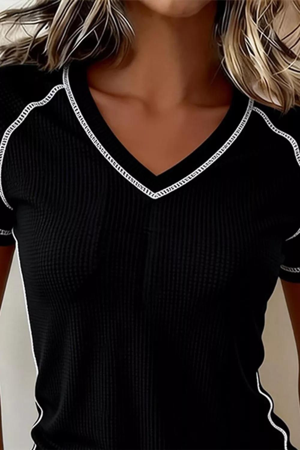 Waffle Textured Contrast Trim V Neck Tee, image 3