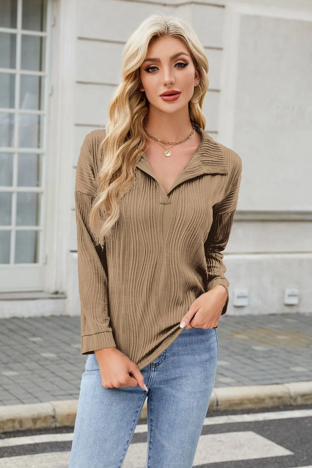 Texture Collared Neck Long Sleeve Blouse, image 13