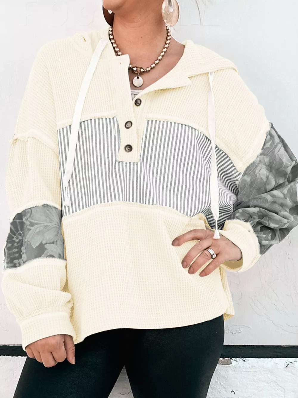 Waffle Knit Striped Drawstring Hoodie