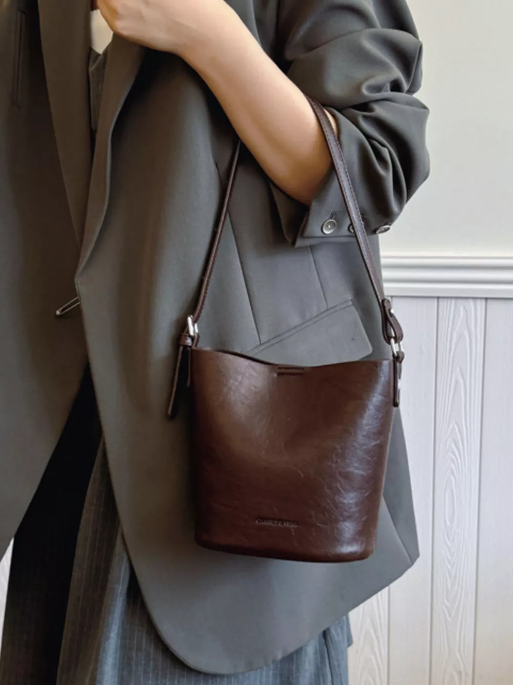 Leather Bucket Crossbody Bag, image 10