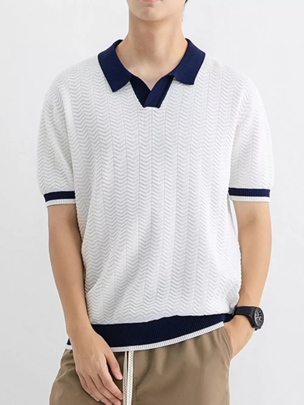 Men's Plus Size Textured Knit Polo with Contrast Trim, image 2